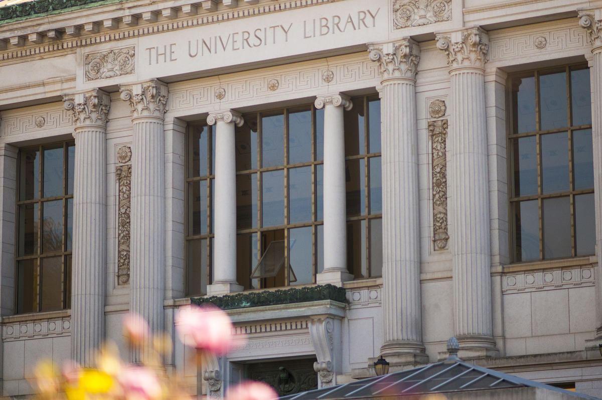 Doe Library with flowers in the foreground