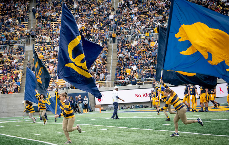Photo of students holding Cal flags during a sporting event